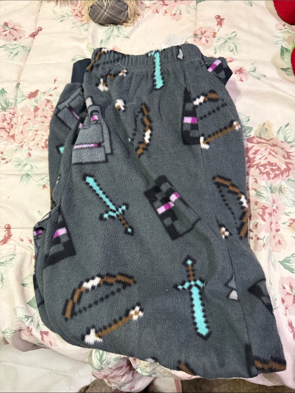 Kids Dark Gray Fleece Pajama Joggers with Sword & Bow Print